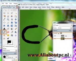 Gimp. Penseel tool. Zie gereedschapskist venster.